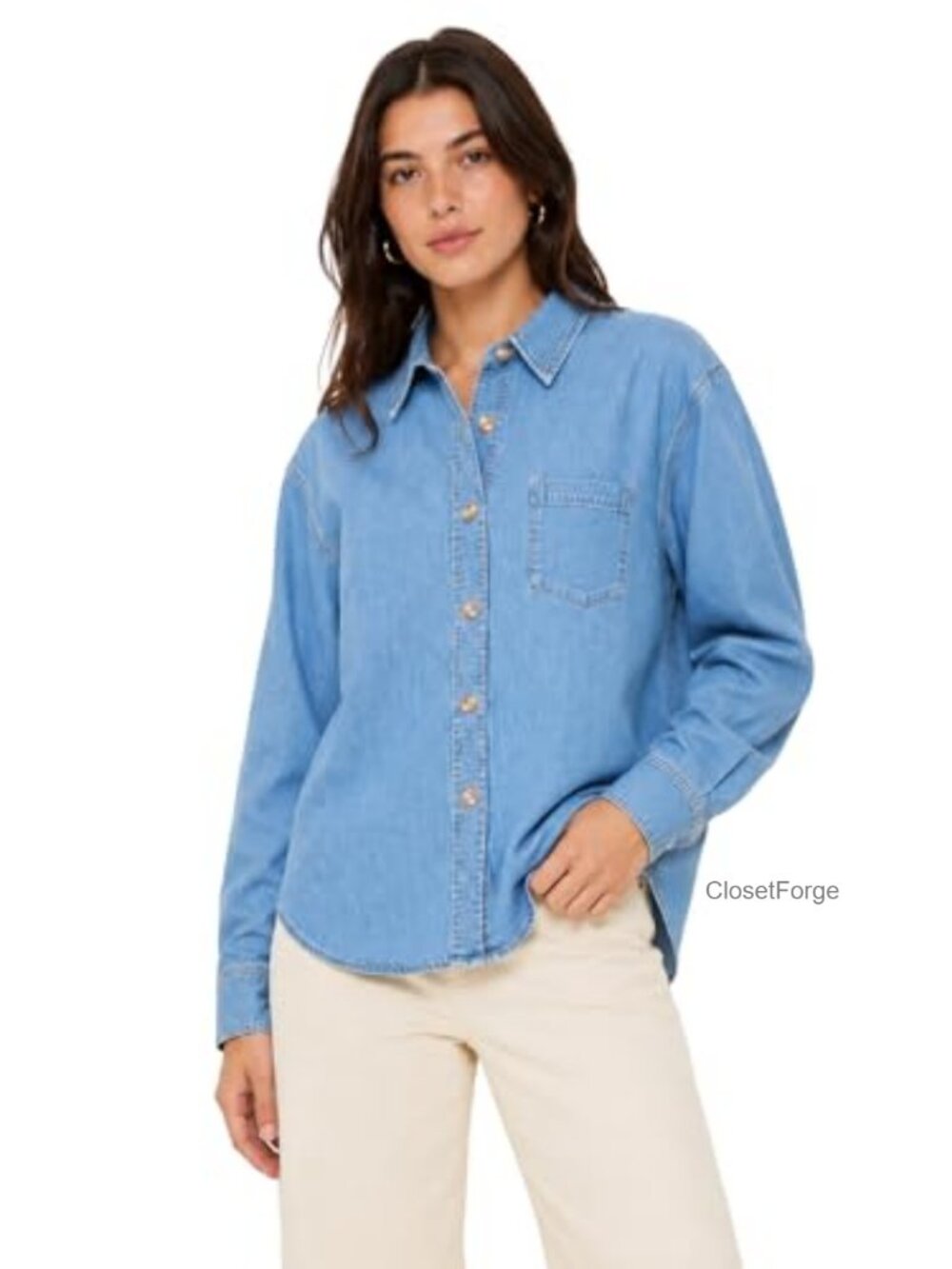 Button Down Denim Shacket Chambray Blouse Long Sleeve Collared